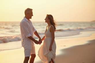 Couple mature main dans la main sur plage dorée au coucher du soleil