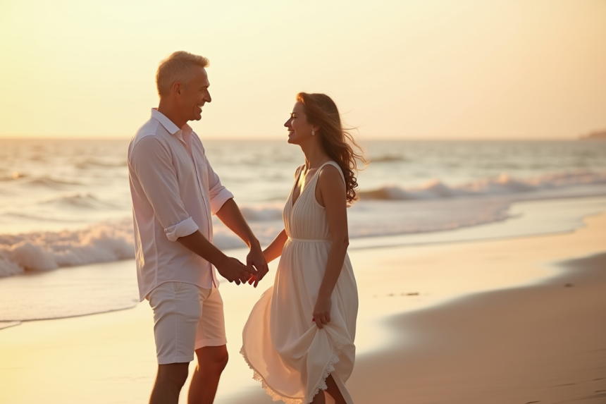 Couple mature main dans la main sur plage dorée au coucher du soleil