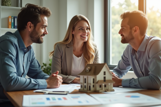 Jeune couple confiant avec agent immobilier dans un bureau moderne