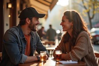 Couple riant au café à Paris pour l'article