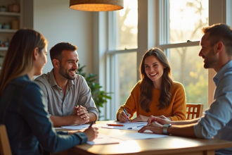Couple souriant discutant de documents de prêt immobilier