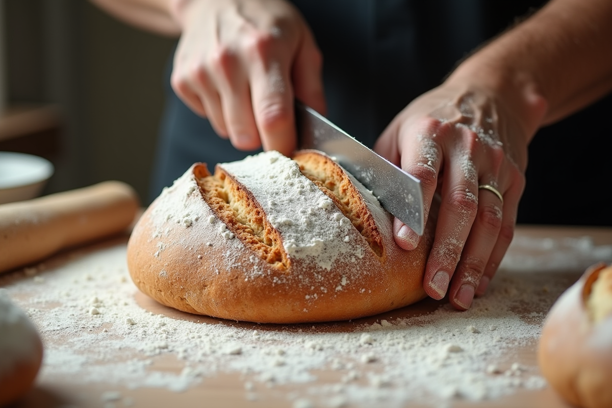 Mains de boulanger coupant pain maison sur planche farinée