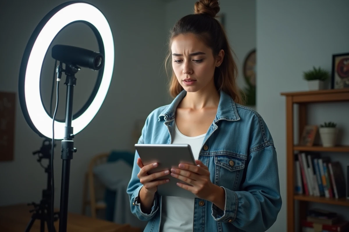 Jeune créatrice de contenu hésitante dans son studio maison, représentant les erreurs courantes qui font fuir les abonnés