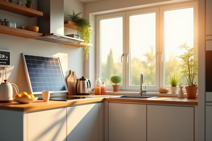 Cuisine moderne avec panneau solaire et thermostat numérique