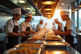Cuisine de restaurant fastfood avec chefs en action
