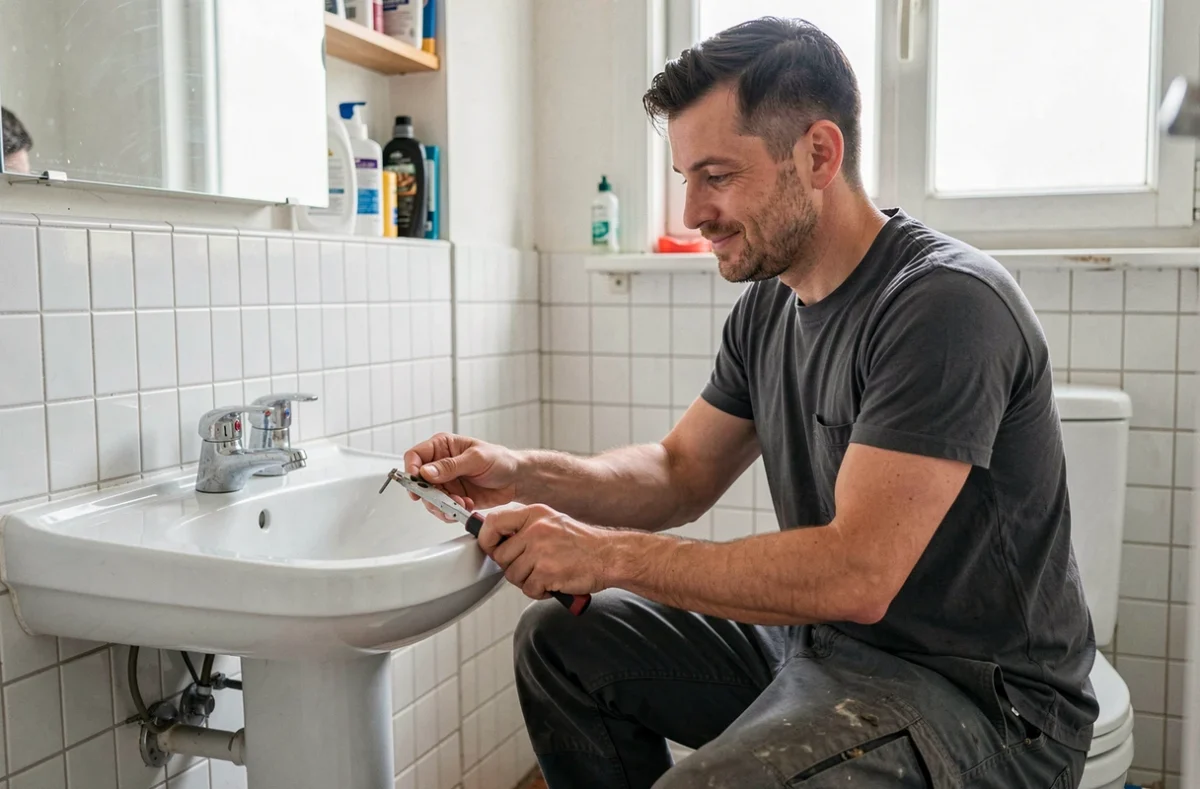 Dano Jérôme, artisan plombier indépendant, remplaçant un robinet dans une salle de bain chez un particulier
