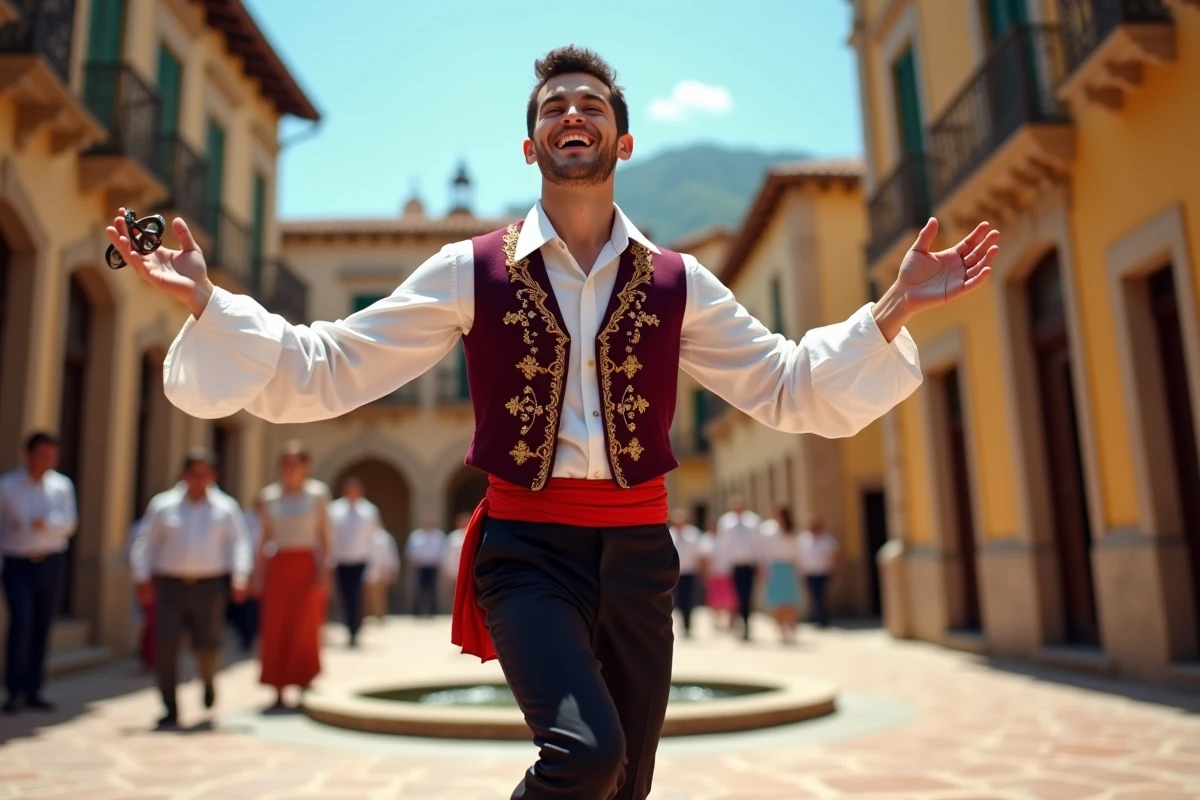 Danseur de Jota aragonaise en costume traditionnel brodé sur une place de village espagnol, ambiance festive estivale authentique