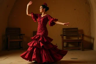 Danseuse de flamenco en robe rouge à pois noirs dans une grotte tablaos de Grenade, posture dramatique bras levés, ambiance authentique andalouse