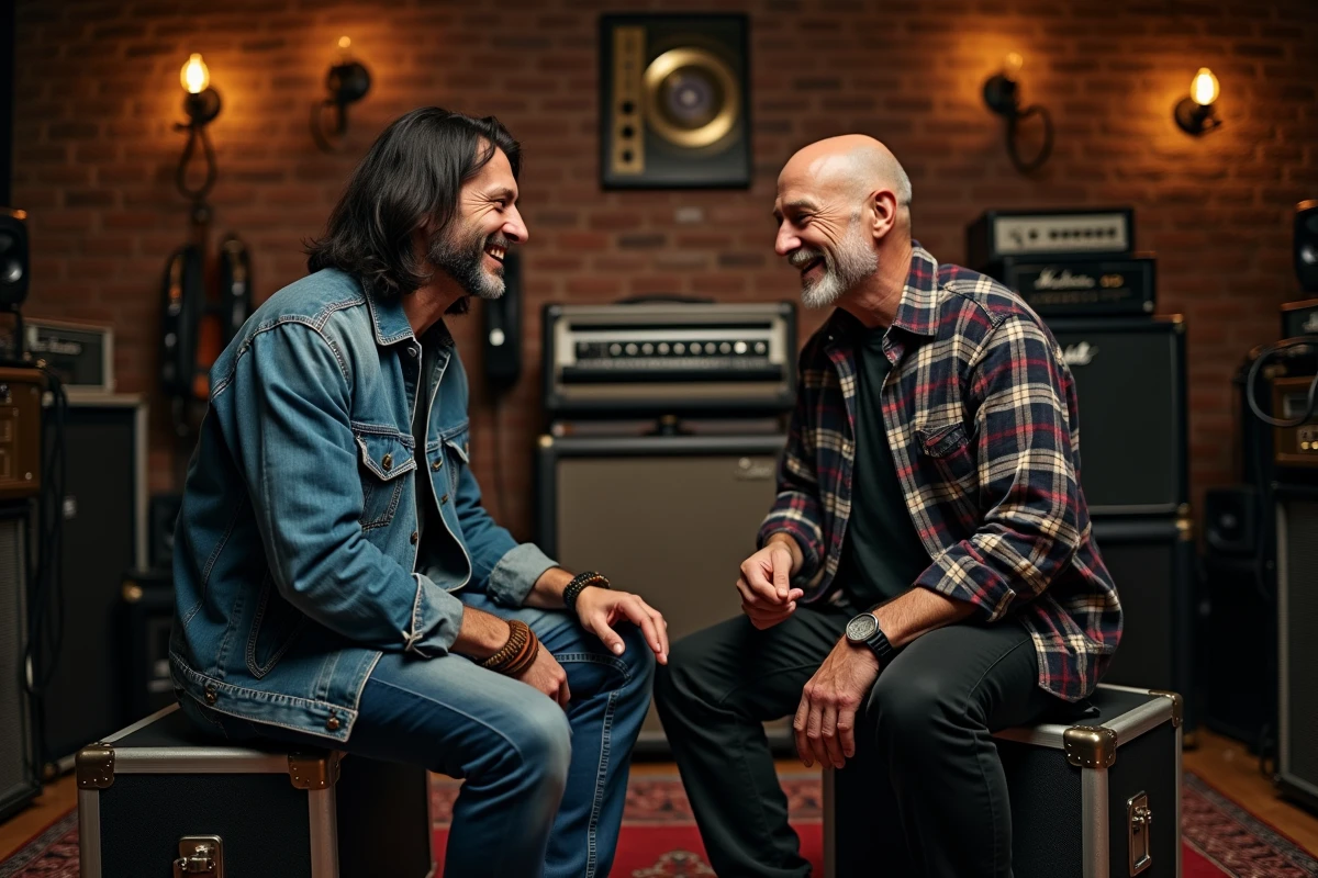 Deux musiciens rock vétérans partageant un moment de complicité en studio de répétition, symbolisant l'amitié durable entre Dave Grohl et Pat Smear