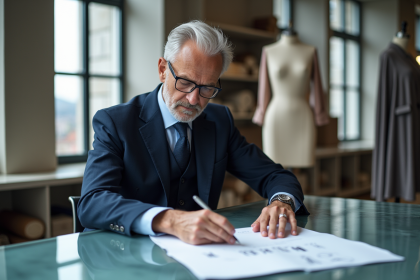 Designer mode homme en atelier avec croquis et tissus