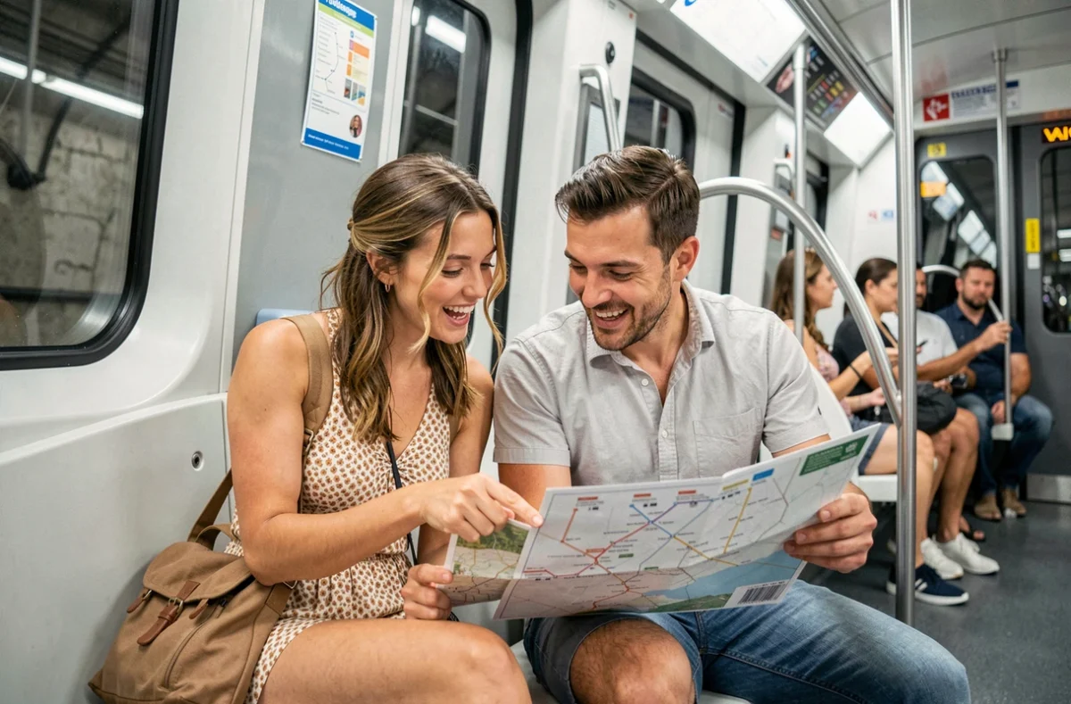 Deux touristes étudiant le plan du métro de Toulouse ensemble à l'intérieur d'une rame VAL automatique