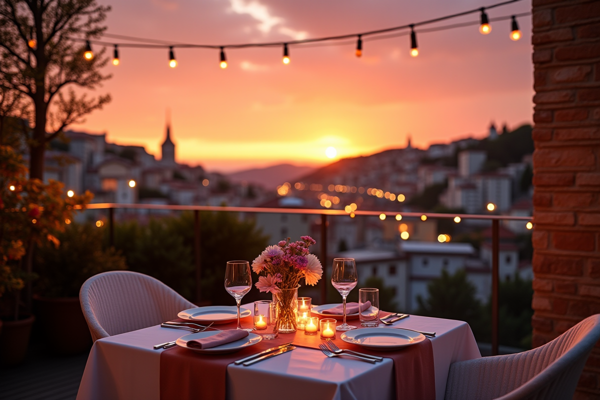 Dîner romantique en plein air sur terrasse avec vue sur ville au coucher du soleil