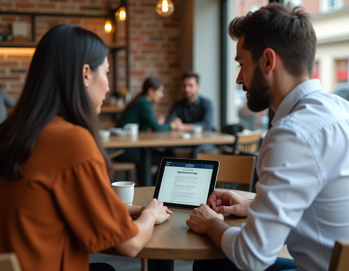 Deux adultes discutant des droits numériques et de la protection contre le partage non consenti d'images intimes dans un café