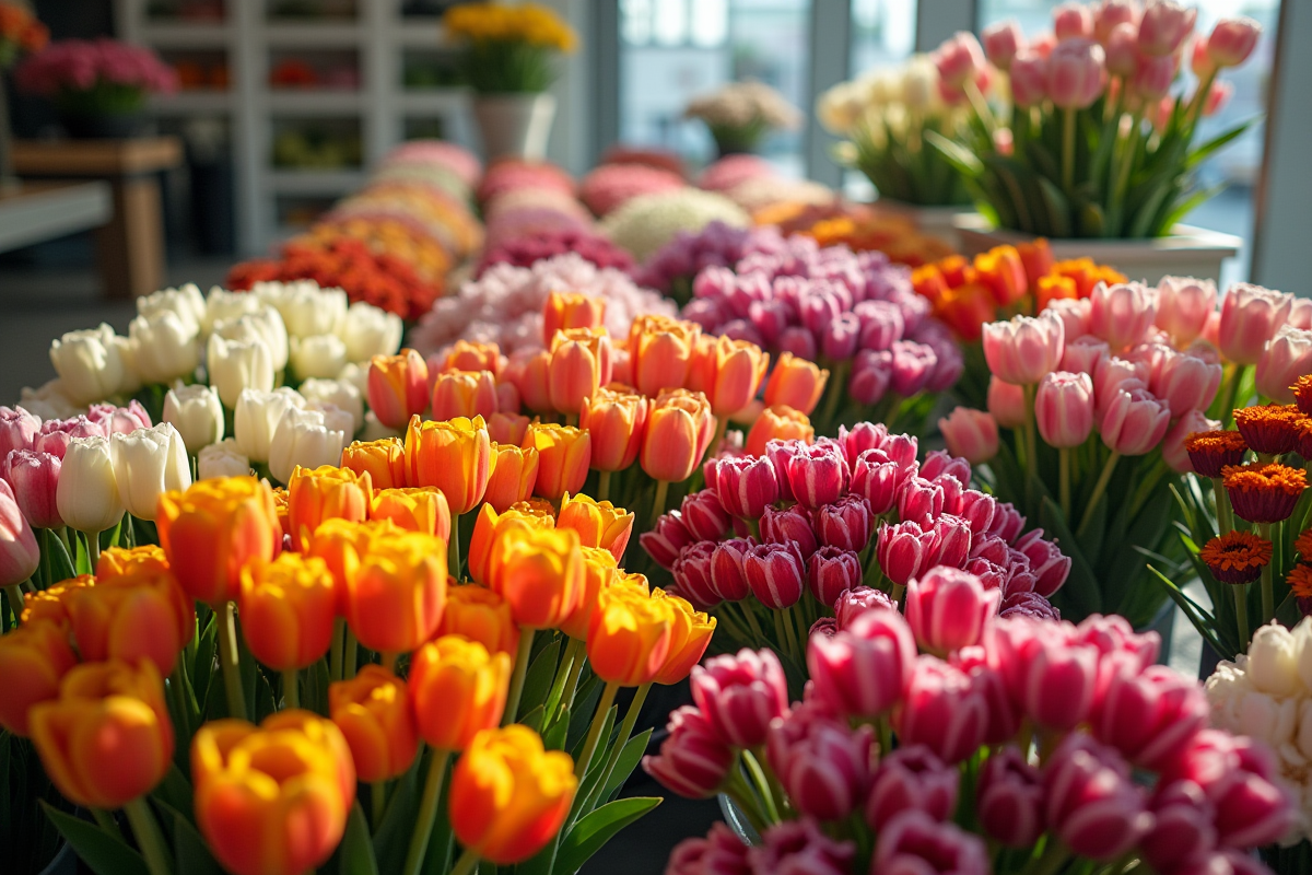 Vente de compositions florales colorées dans une boutique moderne