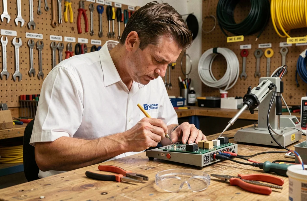 Technicien Doucet Electricite travaillant sur un composant électrique dans un atelier professionnel équipé