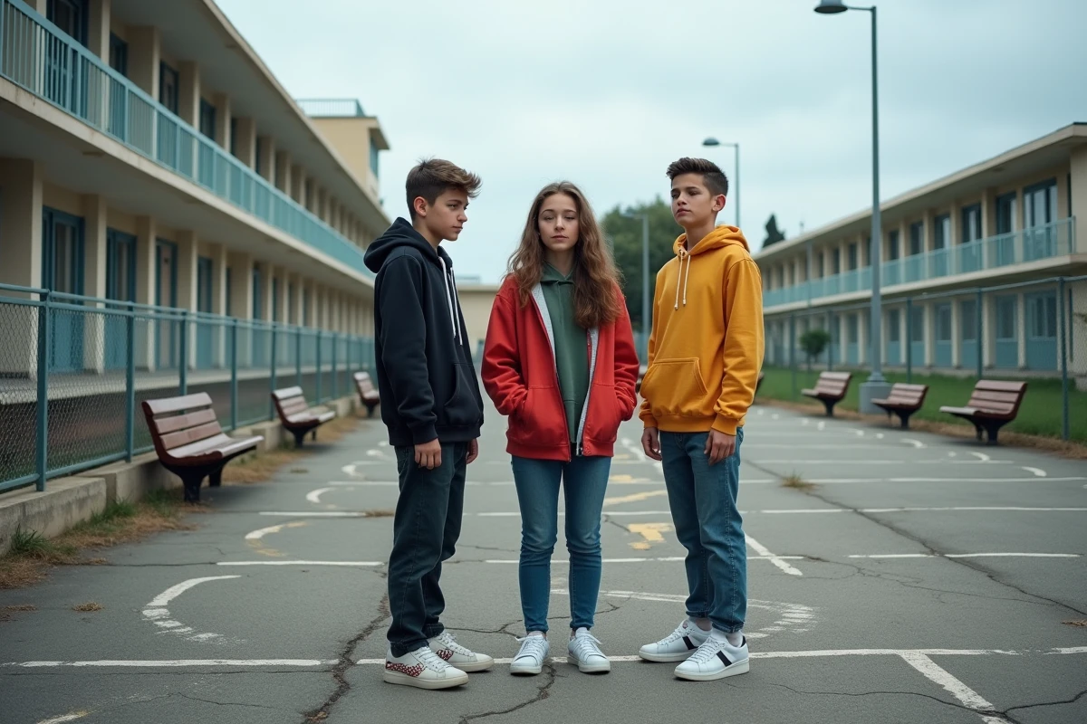 Adolescents dans la cour d'une école dégradée des quartiers nord de Marseille avec des bâtiments préfabriqués visibles