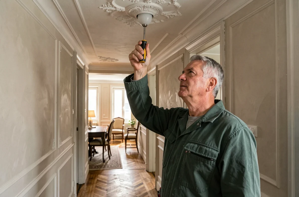 Électricien Electricite Gervais Gerard installant un luminaire au plafond dans un appartement de Brest