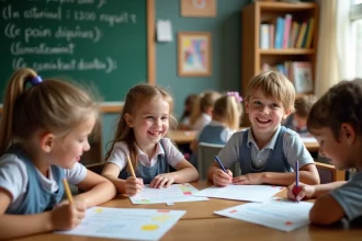 Groupe d enfants souriants en classe avec poèmes