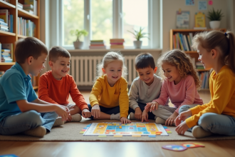 Enfants d'école primaire jouant à un jeu éducatif en classe