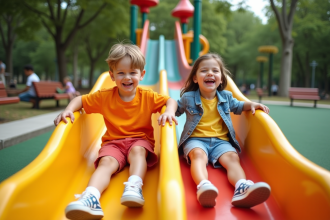 Deux enfants rient en glissant dans une aire de jeux colorée