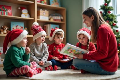 Enfants en maternelle écoutant une histoire de Noël