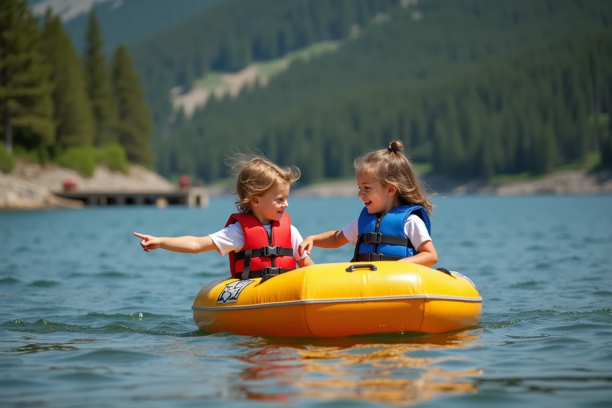 Deux enfants souriants dans un pédalo gonflable sur le lac de Vassivière avec des gilets de sauvetage rouges et bleus
