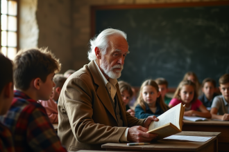 Professeur âgé lisant à des enfants dans une classe rustique