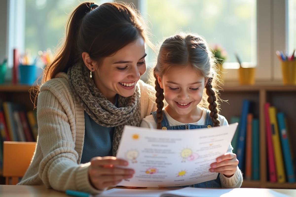 Enseignante aidant une fille avec poème illustré
