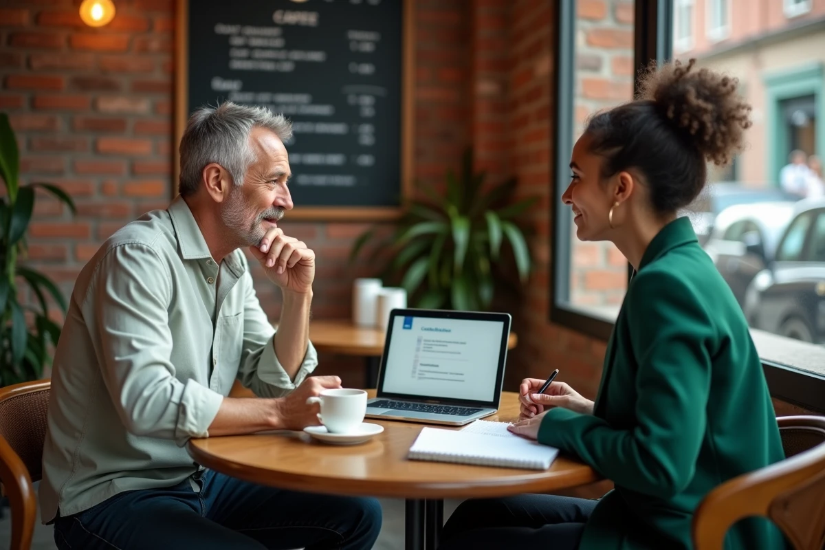 Deux entrepreneurs discutant d'une démarche de certification qualité autour d'un ordinateur portable dans un café urbain