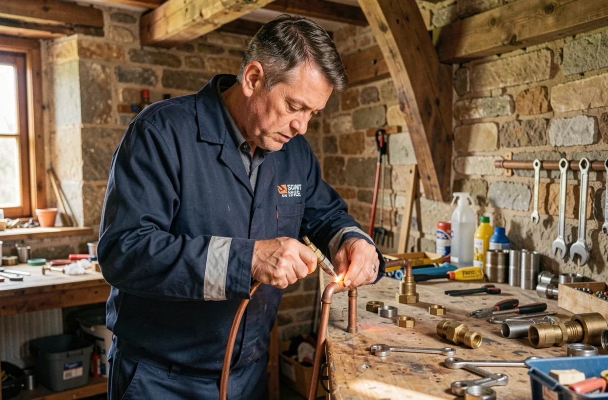 Artisan plombier chauffagiste de l'entreprise Leroux soudant des tuyaux en cuivre à Saint-Paul-en-Gâtine