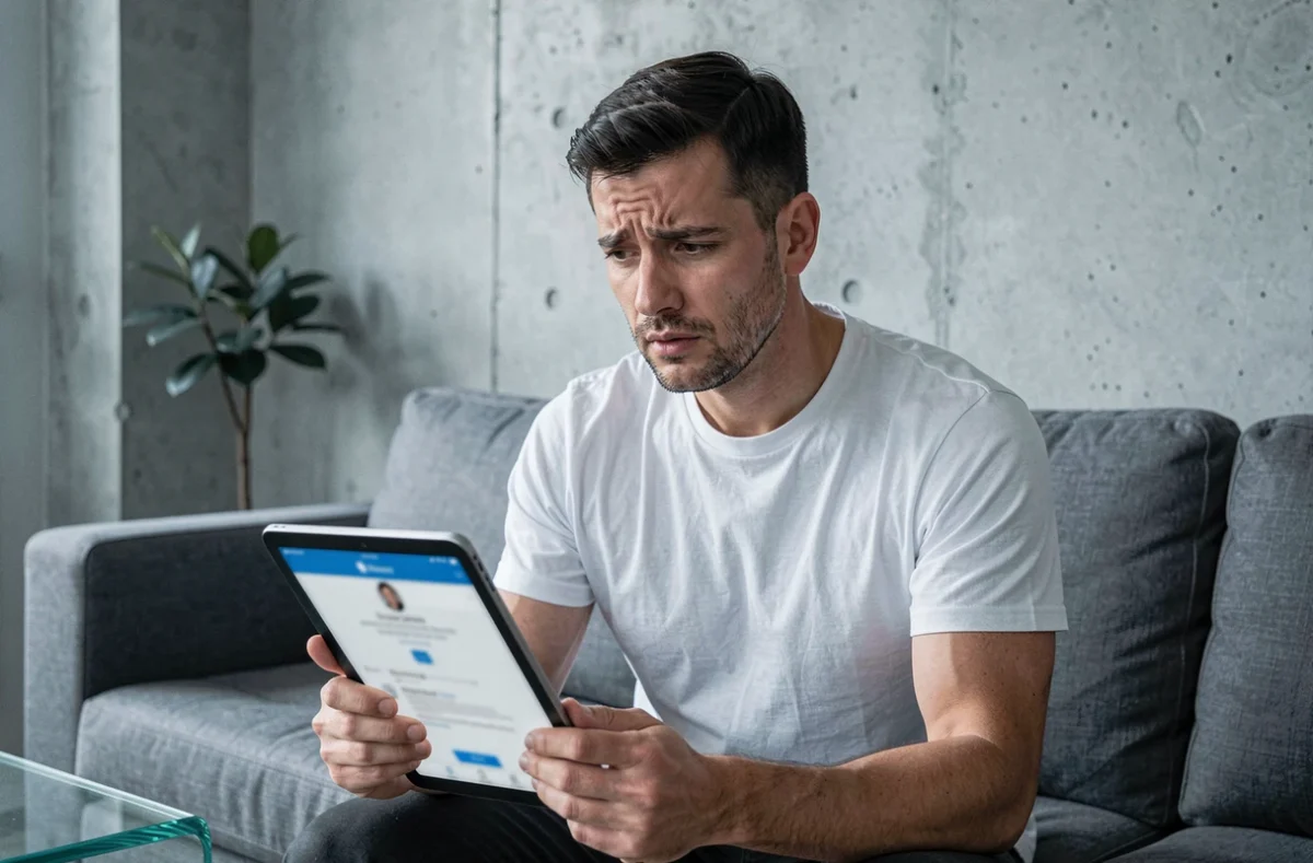 Homme consultant une tablette avec un message d'erreur de profil Instagram non disponible dans un salon moderne
