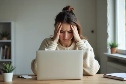 Créatrice de contenu frustrée devant son ordinateur portable, illustrant les erreurs à éviter sur les plateformes d'abonnement