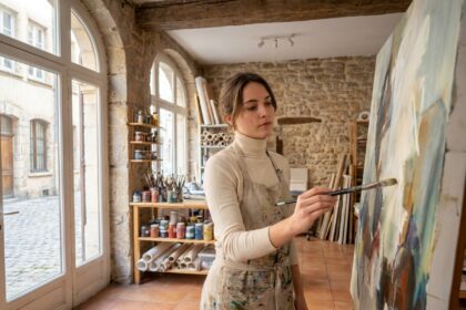Étudiante en arts plastiques travaillant sur une toile dans un atelier artistique aux murs en pierre typiques de Lyon