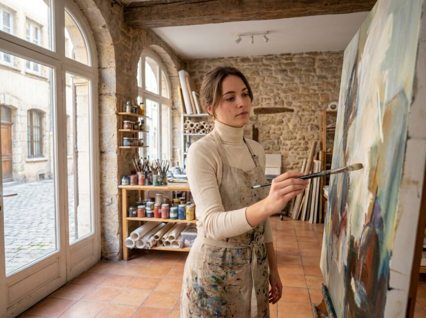 Étudiante en arts plastiques travaillant sur une toile dans un atelier artistique aux murs en pierre typiques de Lyon
