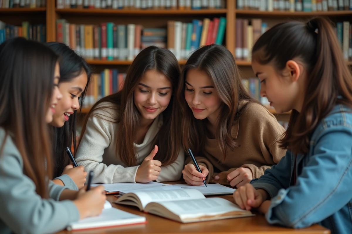 Jeune groupe d etudiants en français dans une bibliothèque