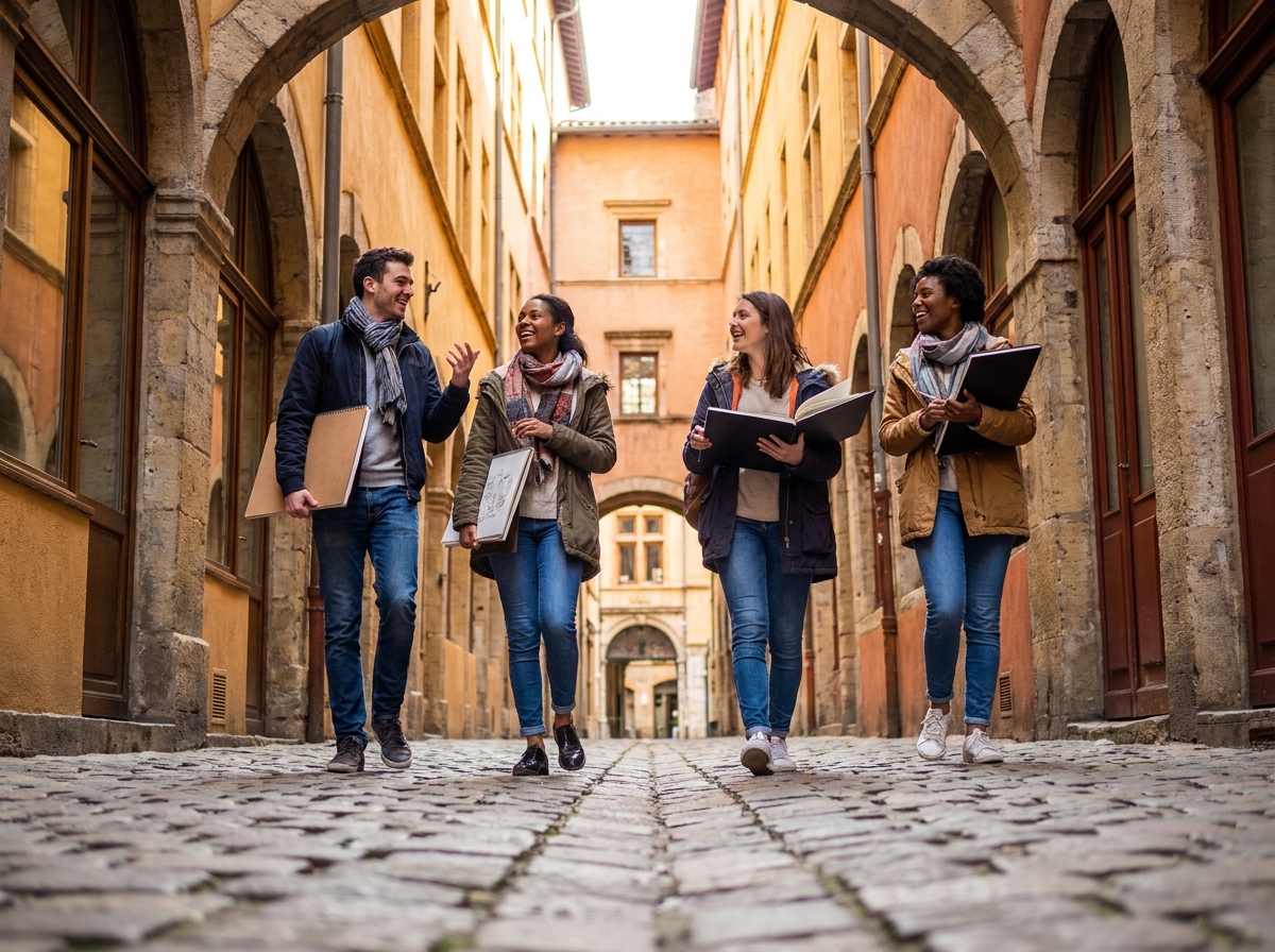 Groupe d'étudiants en formation artistique se promenant dans les traboules du Vieux-Lyon avec leurs carnets de croquis
