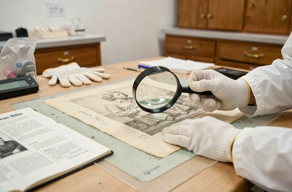 Mains gantées d'un conservateur examinant à la loupe la signature d'une lithographie de Jean Bille en atelier de restauration