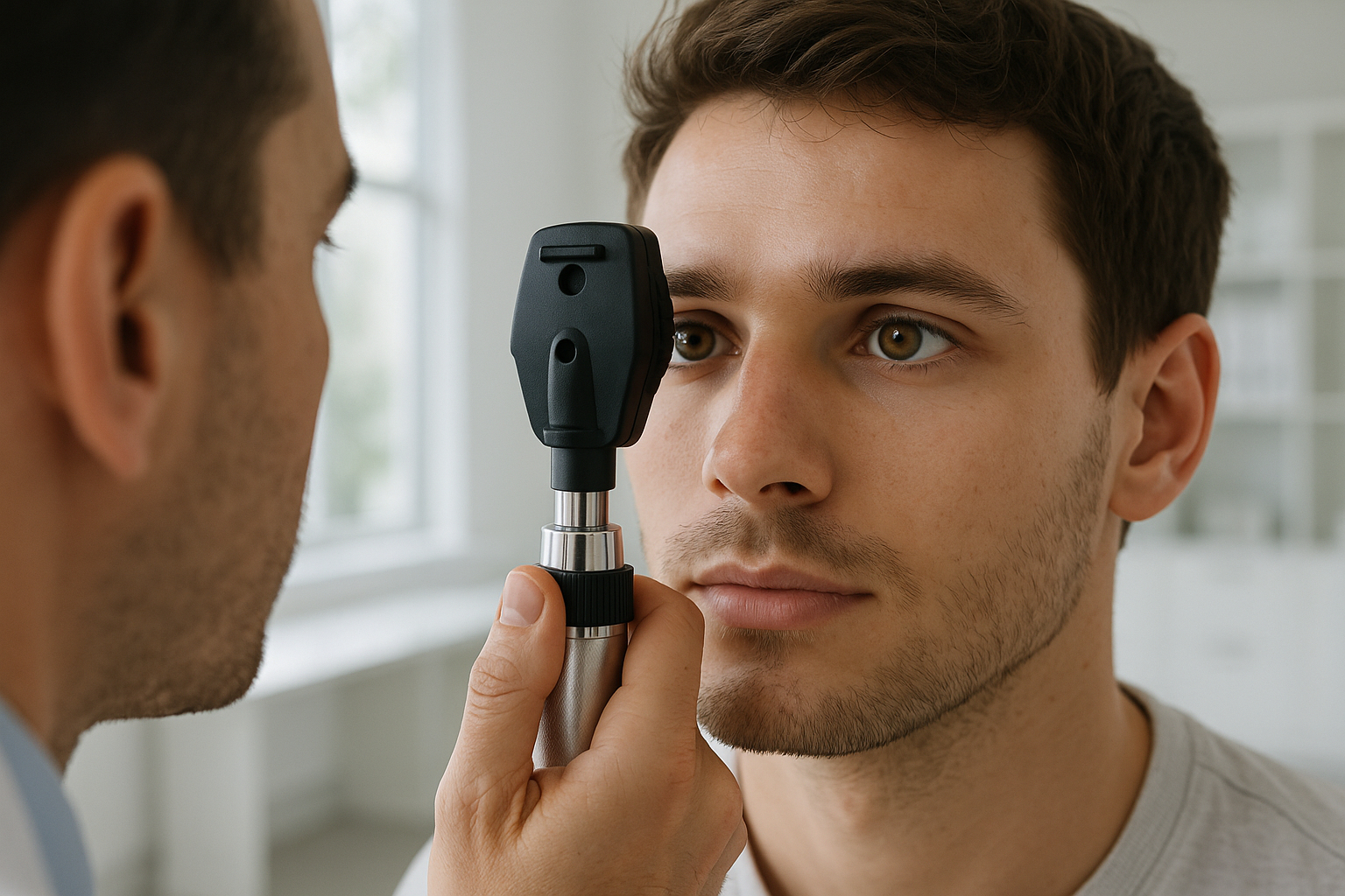 Examen de la vue avec un opticien et un jeune homme dans un environnement propre