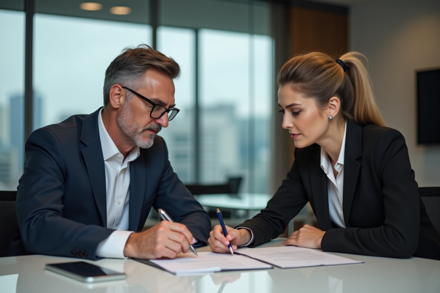 Expert immobilier et femme d'affaires examinant des documents