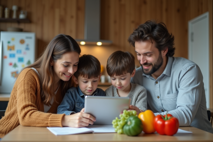 Famille de quatre autour d'une table de cuisine en train de consulter un carnet et une tablette