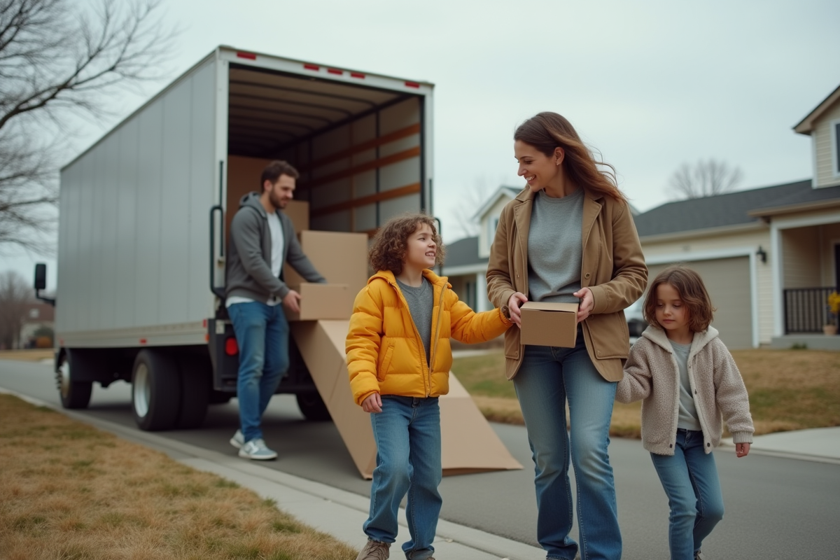 Famille avec camion de déménagement dans un quartier suburbain