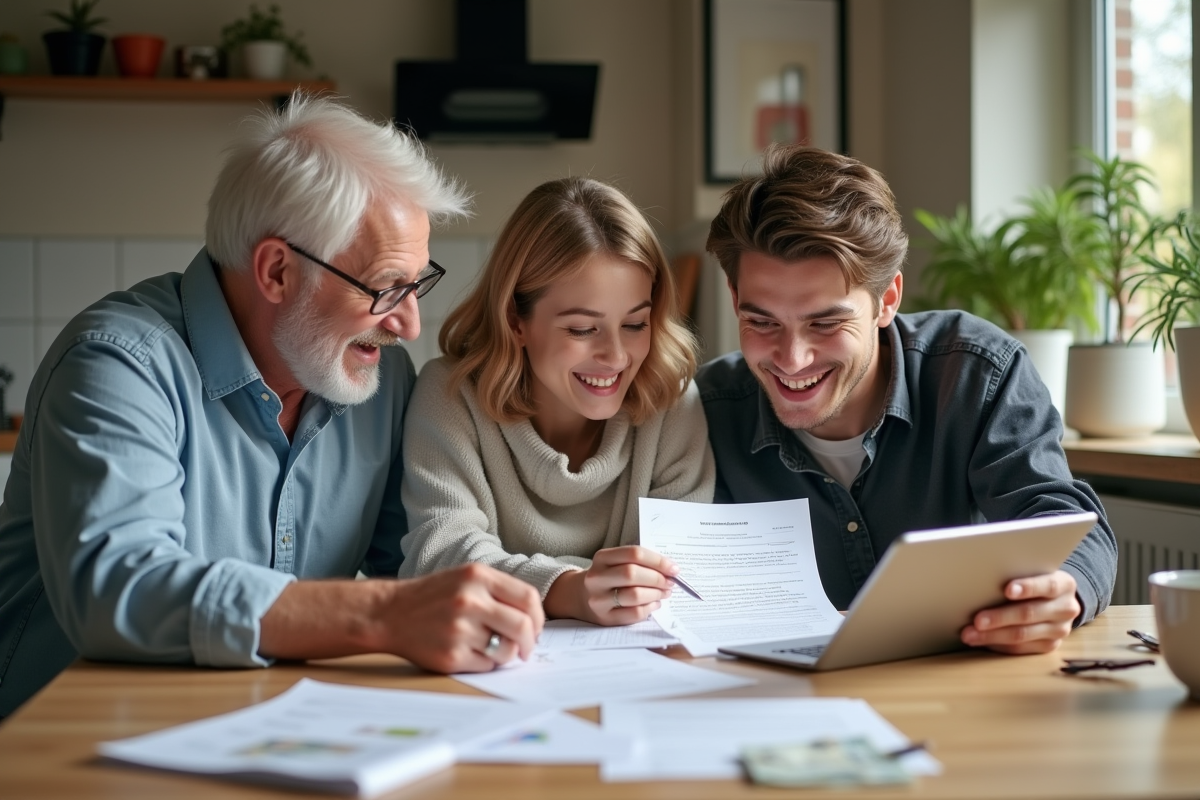 Trois générations examinant des papiers en famille