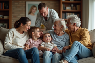 Famille intergénérationnelle dans un salon chaleureux