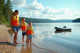 Famille avec enfants au bord du lac de Vassivière portant des gilets de sauvetage colorés lors d'une sortie en pédalo