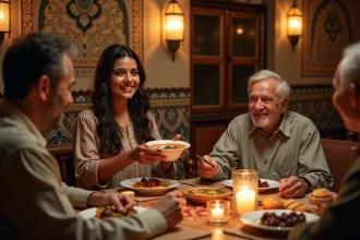 Famille marocaine réunie autour d'une table d'iftar traditionnelle, échangeant des vœux de bon ftour