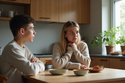 Famille mixte autour d'une table de cuisine chaleureuse