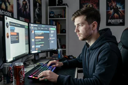 Jeune homme devant un PC avec Discord affichant un faux serveur suspect, illustrant les arnaques sur les serveurs Discord francophones