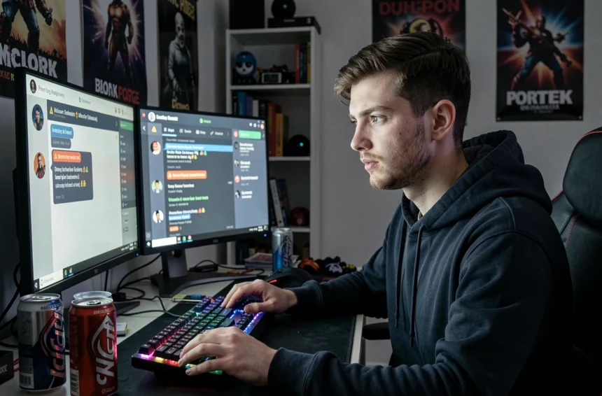 Jeune homme devant un PC avec Discord affichant un faux serveur suspect, illustrant les arnaques sur les serveurs Discord francophones