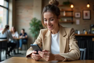 Femme consultant l'actualité peoples sur son smartphone dans un café moderne en 2026