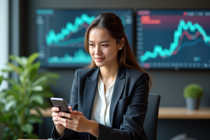 Jeune femme d'affaires avec smartphone dans un bureau moderne